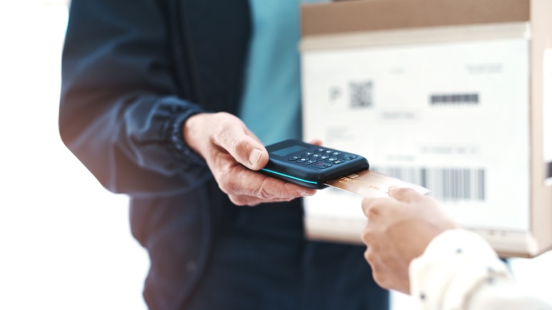 Uomo che paga il pacco al fattorino